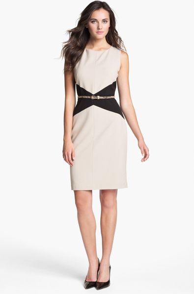 Calvin Klein Belted Colorblock Sheath Dress in Khaki (khaki/ black) | Lyst