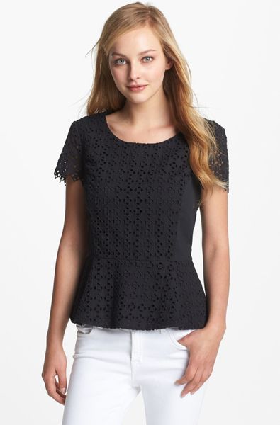 Dkny Embroidered Eyelet Stretch Peplum Top in Black | Lyst