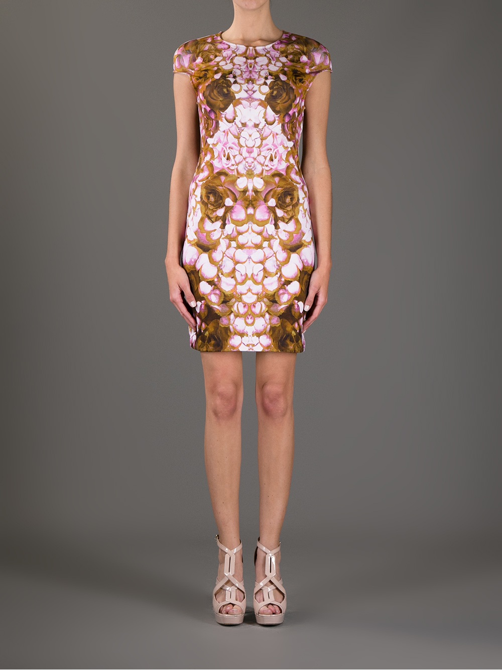 Mcq alexander mcqueen Rose Print Fitted Dress in Pink (rose) | Lyst