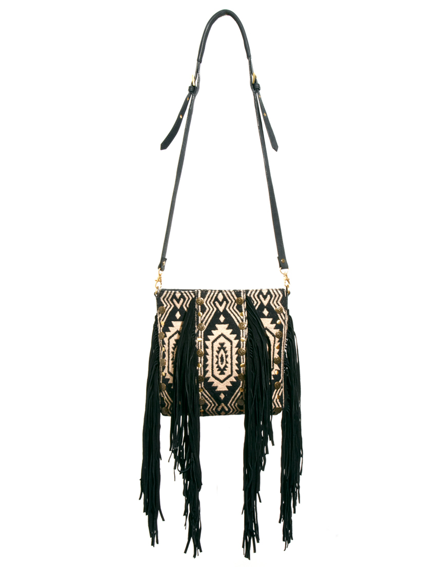 Lyst - River Island Fringed Ikat Leather Cross Body Bag in Black