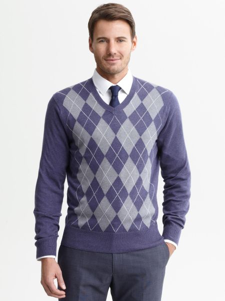 Banana Republic Silk Cotton Argyle V Neck Pullover in Purple for Men | Lyst