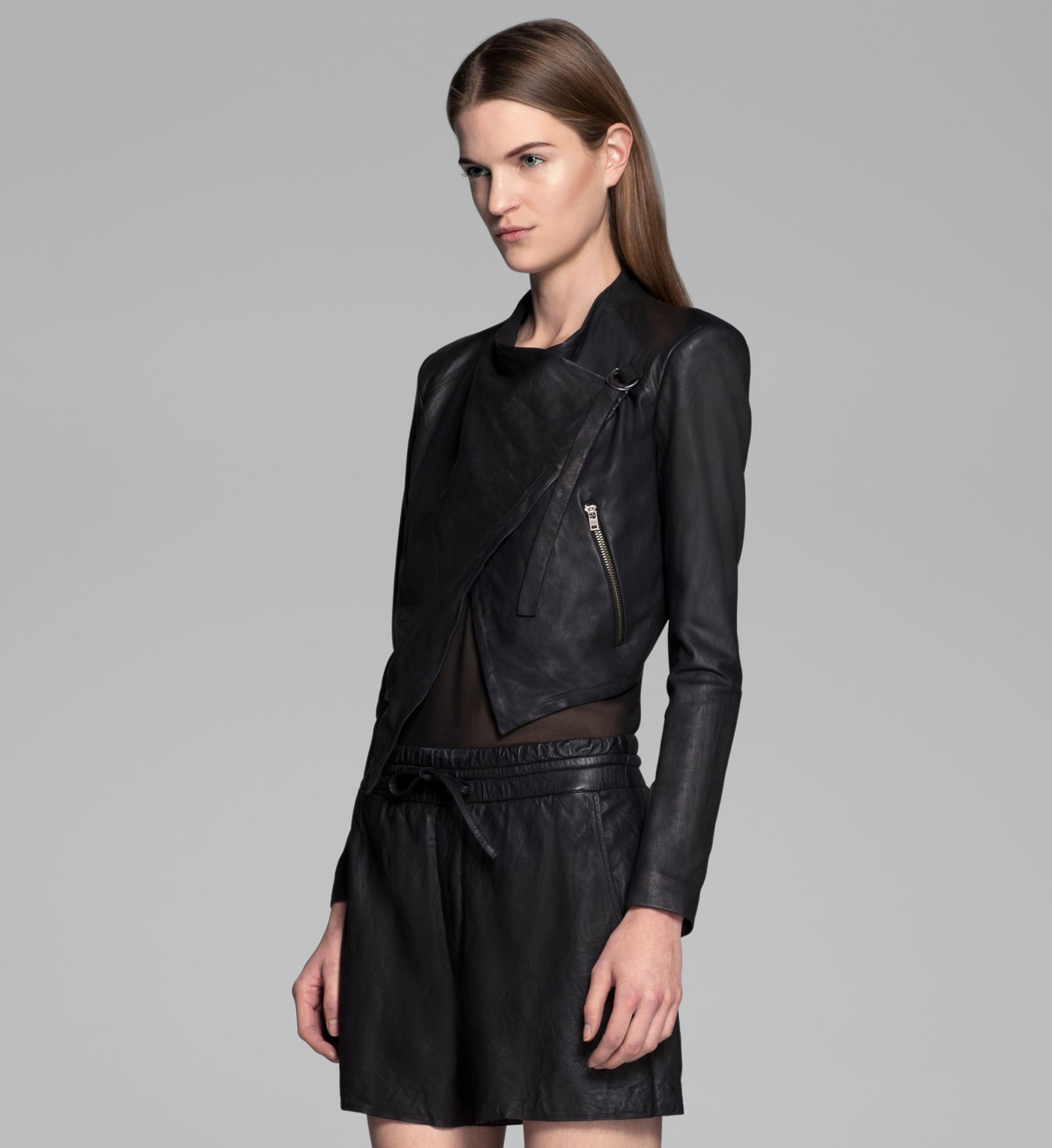 Helmut lang Washed Leather Cropped Jacket in Black | Lyst