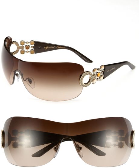 Bvlgari 37mm Embellished Temple Rimless Shield Sunglasses in Brown ...