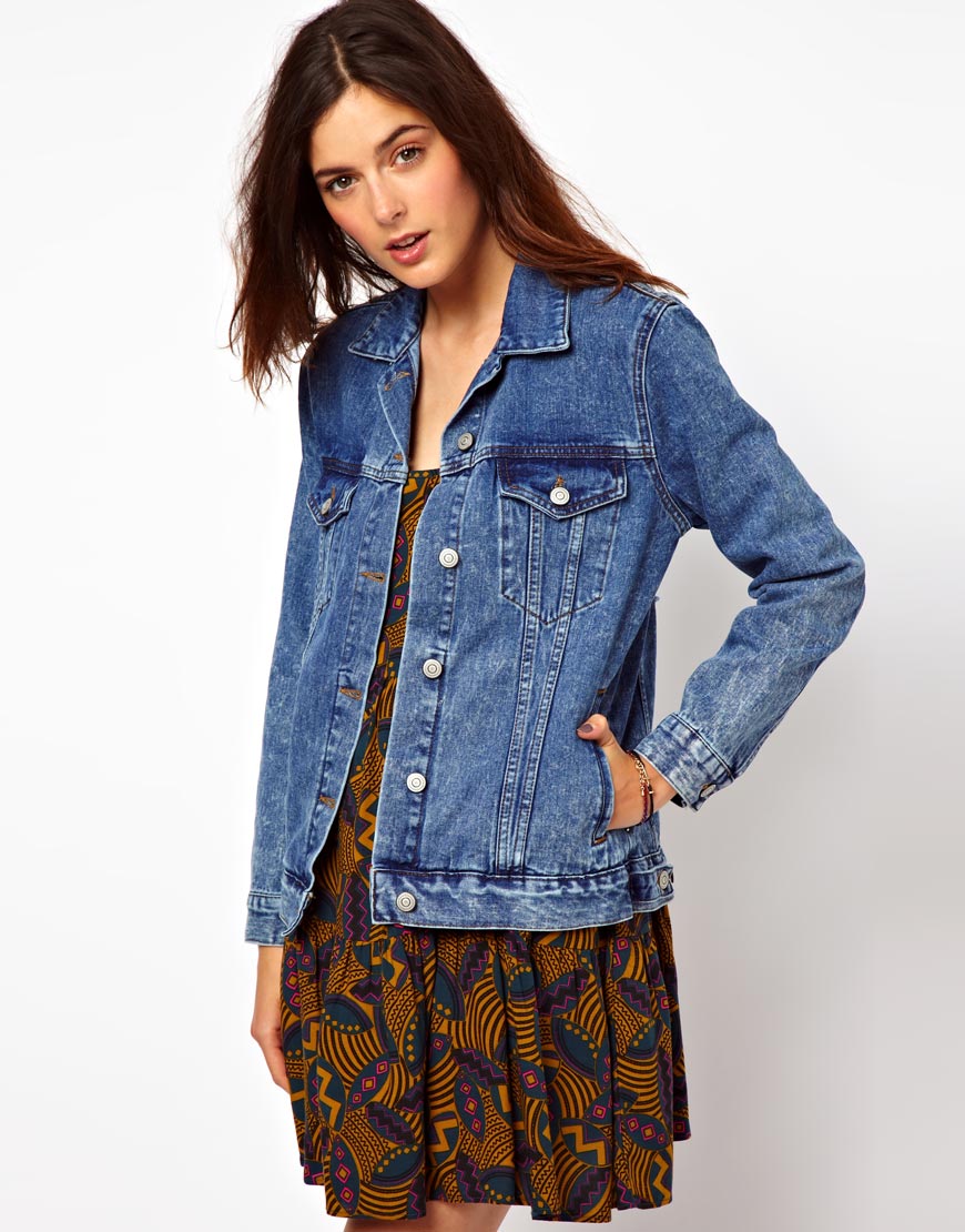 Lyst - Asos Denim Jacket in Acid Wash with Lace Cross Back Detail in Blue