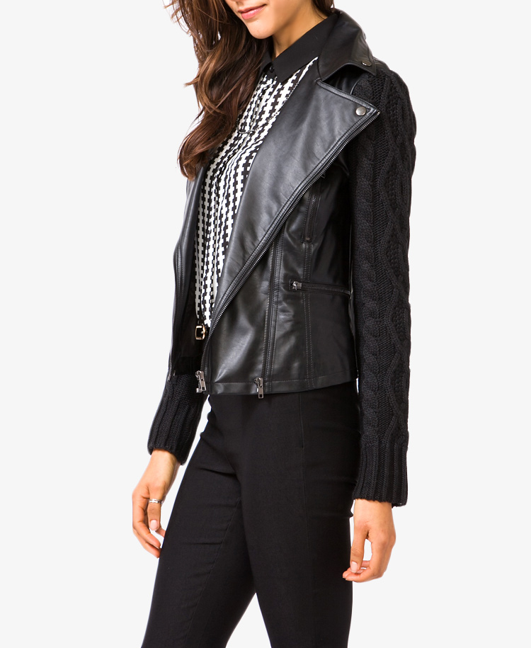 Forever 21 Moto Jacket With Cable Knit Sleeves in Black Lyst