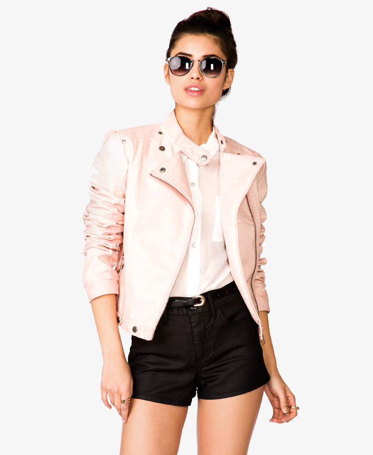 Forever 21 Zippered Faux Leather Moto Jacket In Pink Lyst Gallery