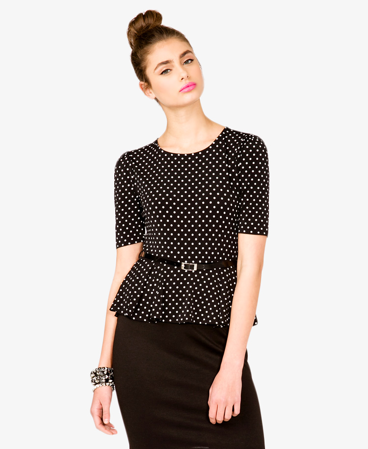 Forever 21 Polka Dot Peplum Dress W Belt in Black (black/cream) | Lyst