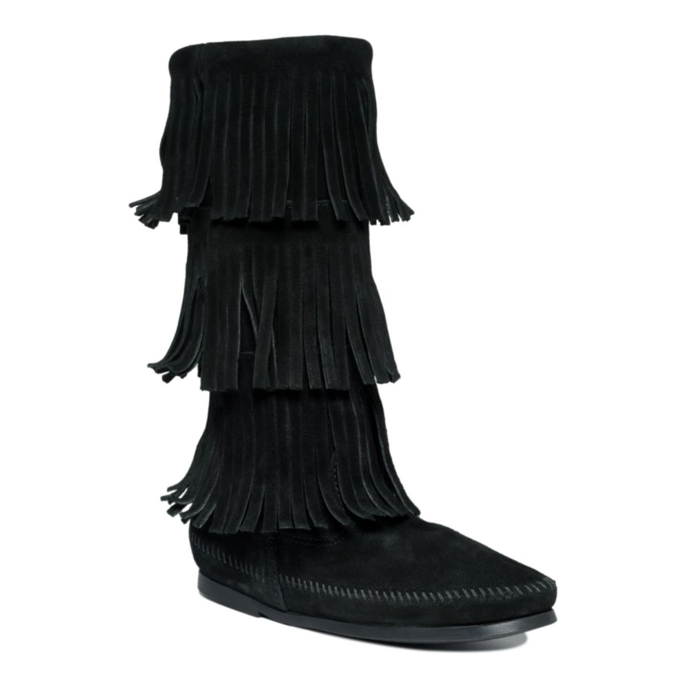 Minnetonka Three Layer Fringe Boots in Black | Lyst