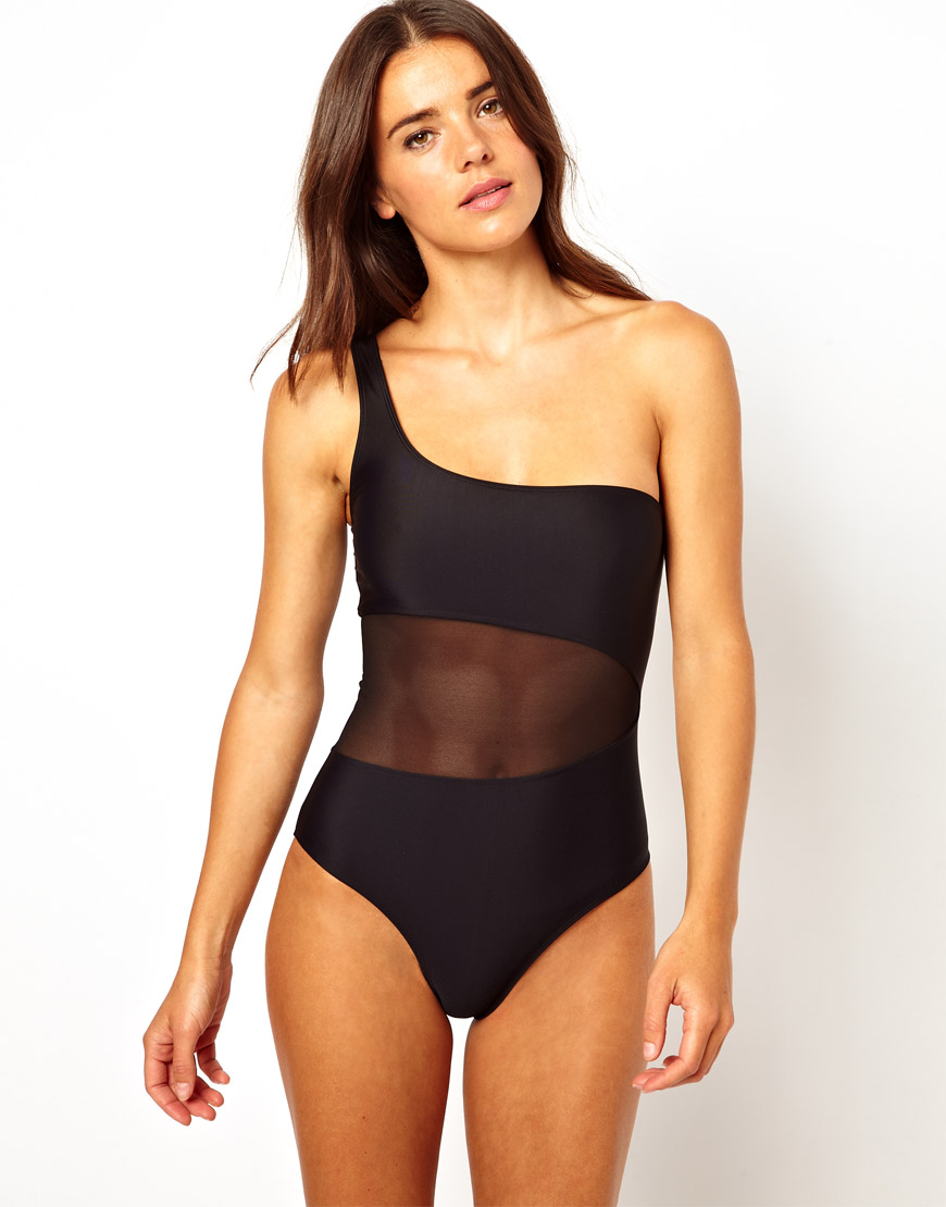 Lyst Asos One Shoulder Mesh Insert Swimsuit In Black