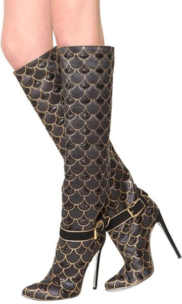 Balmain 100mm Lurex Embroidered Knee High Boots in Black (black/gold ...