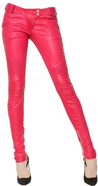 Balmain Quilted Stretch Leather Biker Jeans in Pink (fuchsia) | Lyst