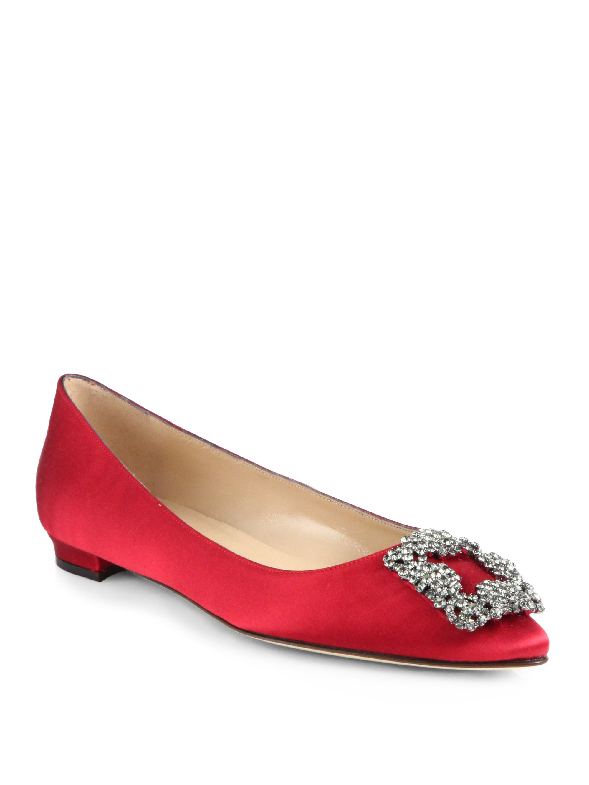 Manolo Blahnik Hangisi Satin Flats in Red | Lyst