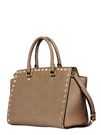 Michael michael kors Medium Selma Studs Saffiano Leather Bag in Beige ...