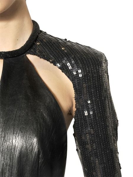 Saint Laurent Sequin Sleeves and Nappa Leather Dress in Black | Lyst