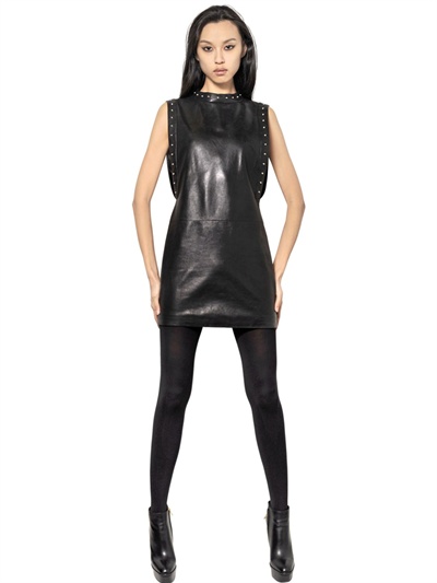 Lyst - Saint laurent Studded Soft Nappa Leather Dress in Black