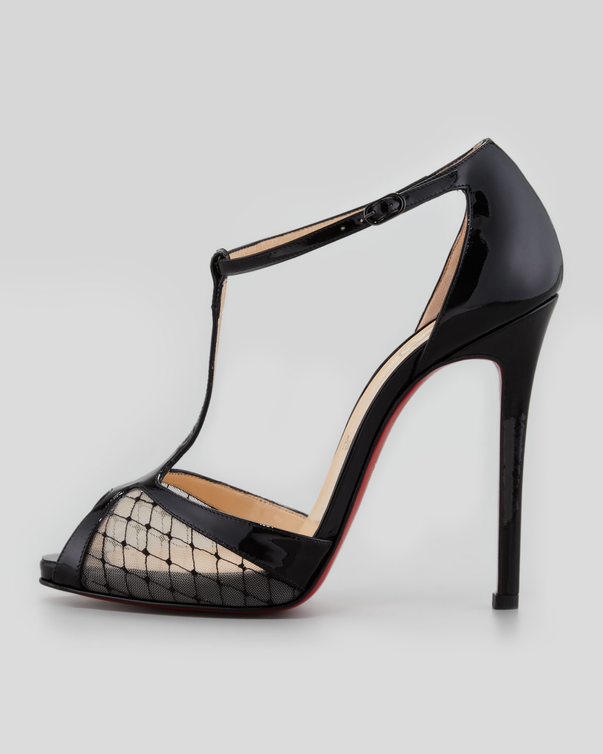 Christian louboutin Lagoula Tstrap Fishnet Red Sole Pump in Black ...