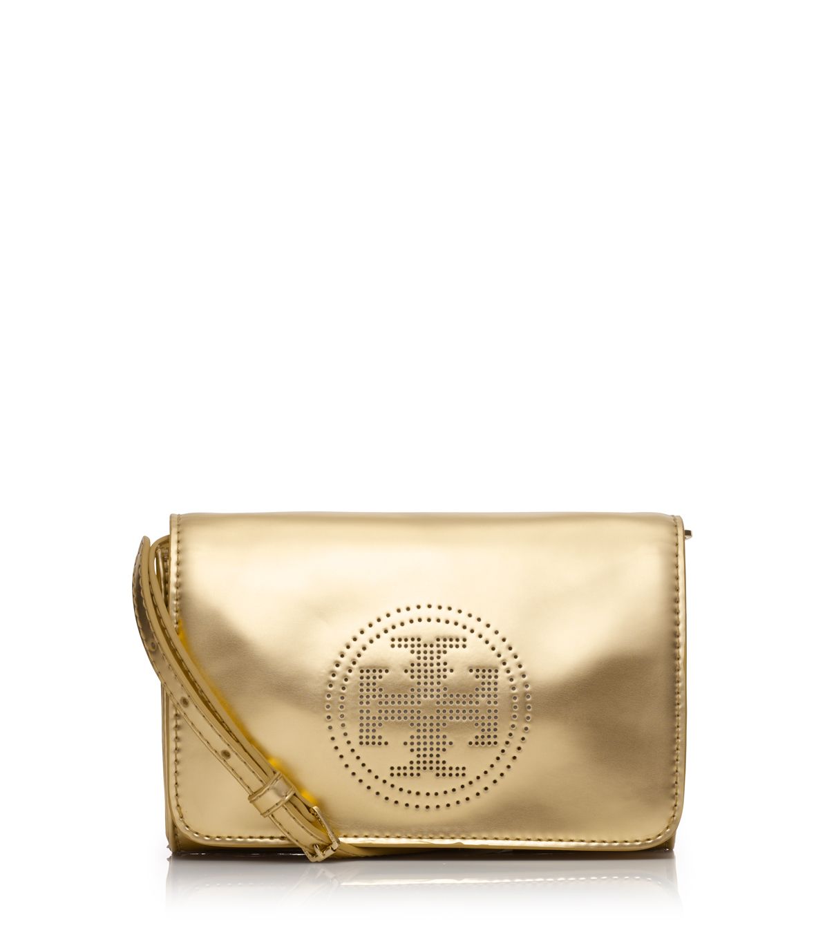 Tory Burch Perforated Logo Clutch in Gold | Lyst