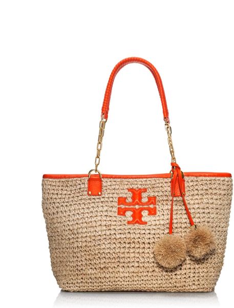 Tory Burch Thea Straw Small Tote in Beige (natural/fire orange) | Lyst