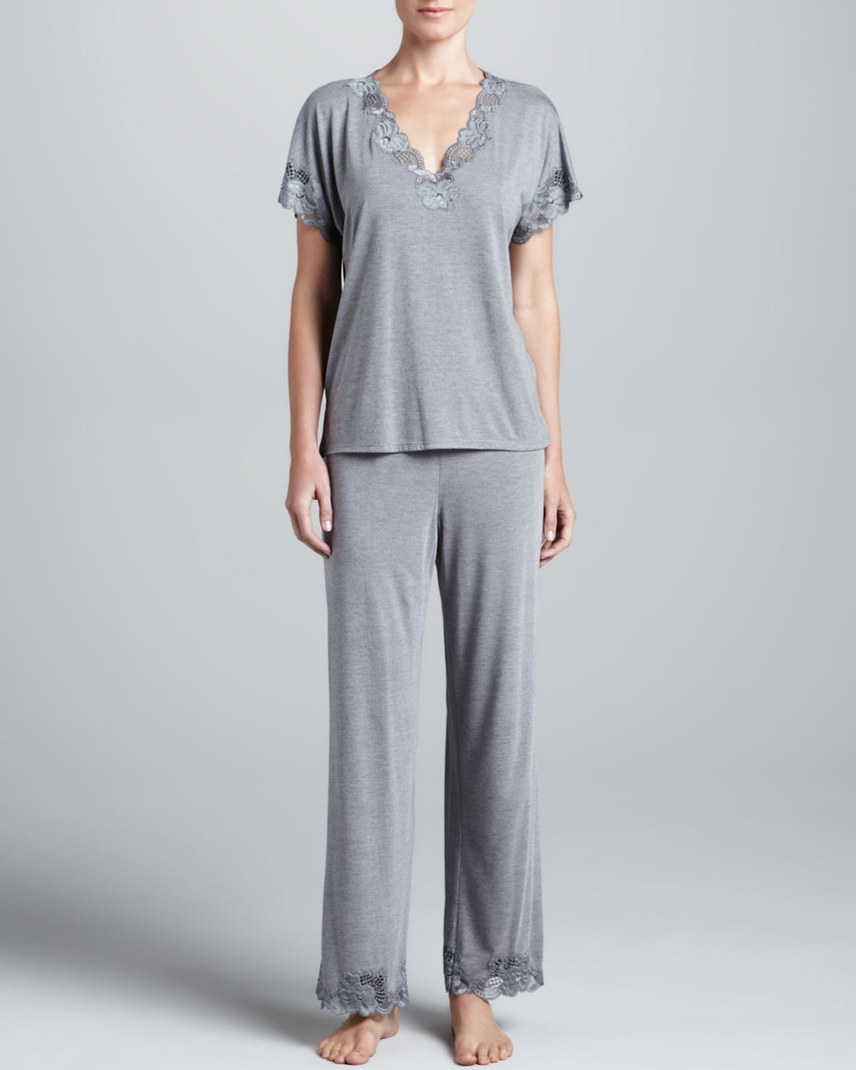 Natori Zen Floral-trim Pajamas in Gray (HEATHER GRAY) | Lyst