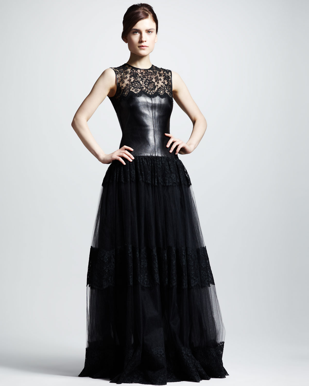 Lyst - Valentino Leather Lace Gown in Black