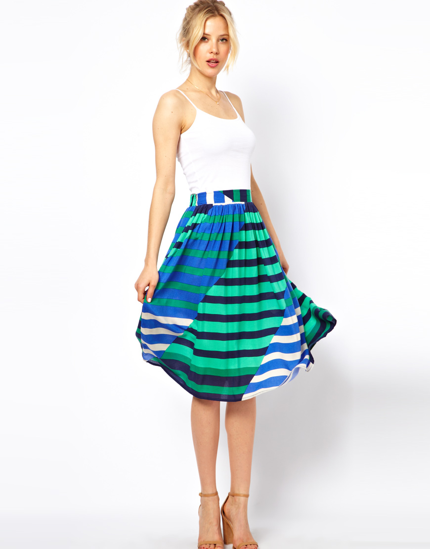 Asos Midi Skirt in Multi Coloured Stripe in Green | Lyst