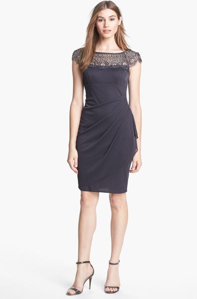 Xscape Embellished Ruched Sheath Dress in Gray (charcoal) | Lyst