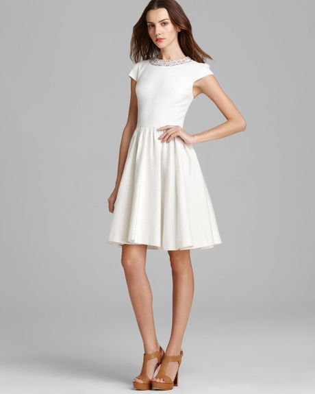 Badgley Mischka Dress Cap Sleeve Beaded Neckline in White | Lyst