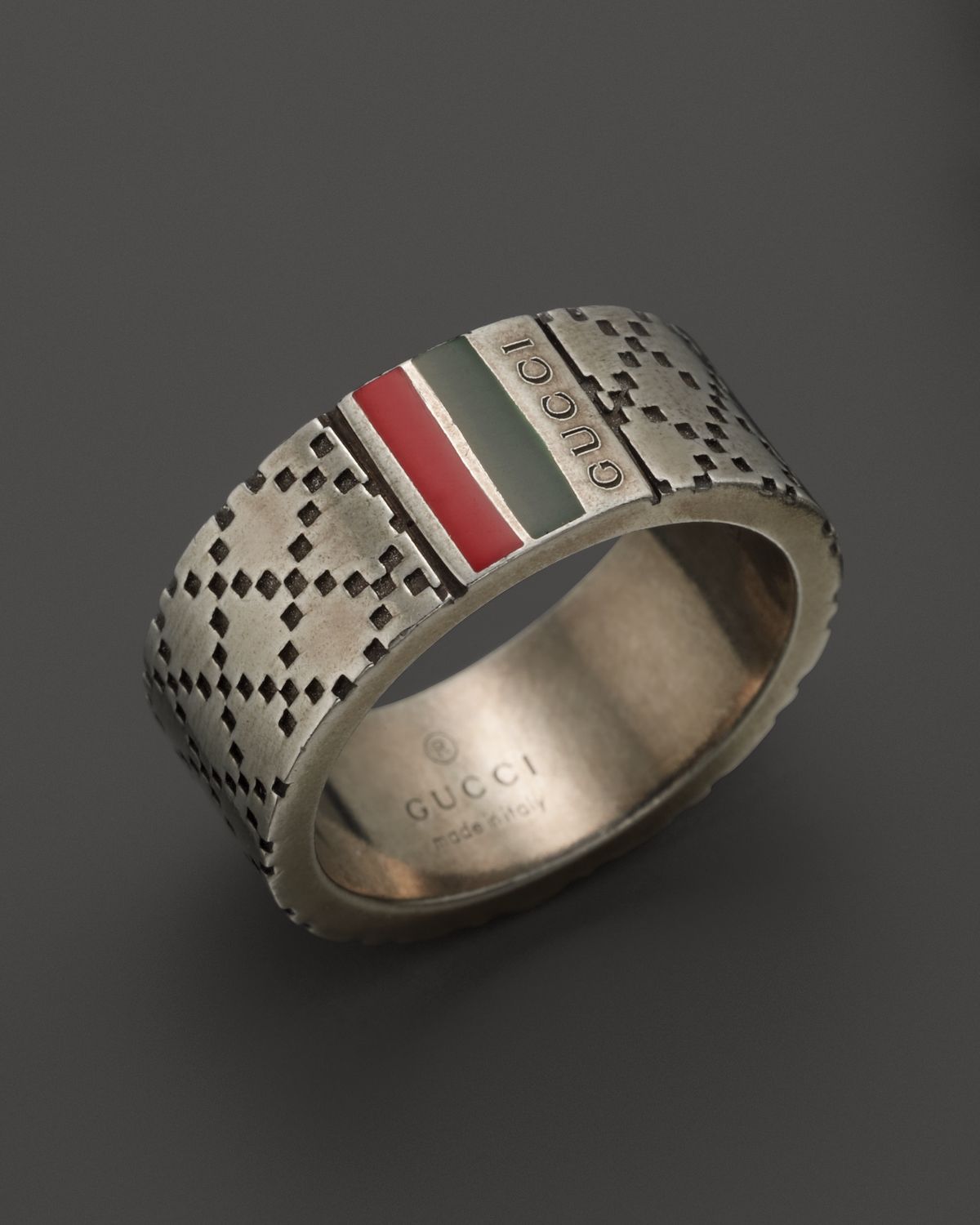 Gucci Aged Sterling Silver and Enamel Diamantissima Motif 8mm Ring in