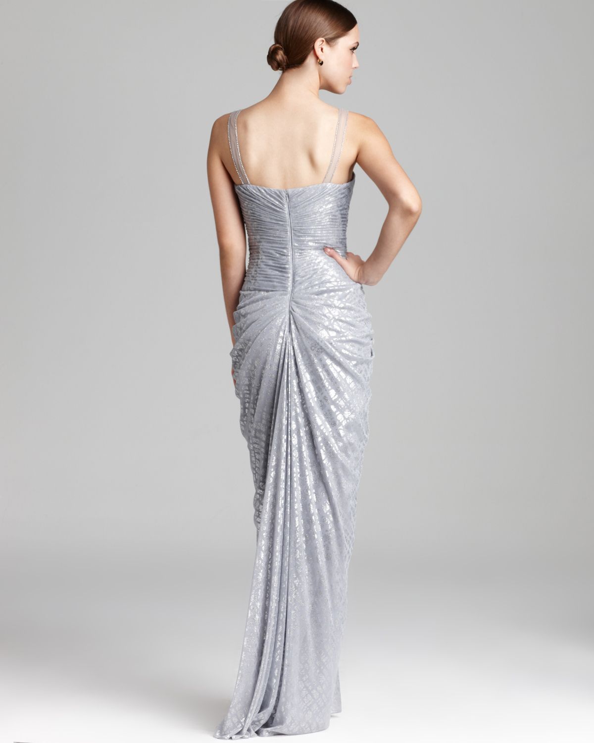 adrianna papell pleated metallic gown