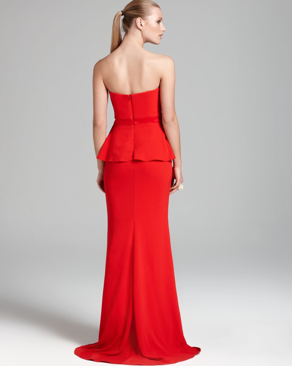 badgley mischka red strapless ball gown