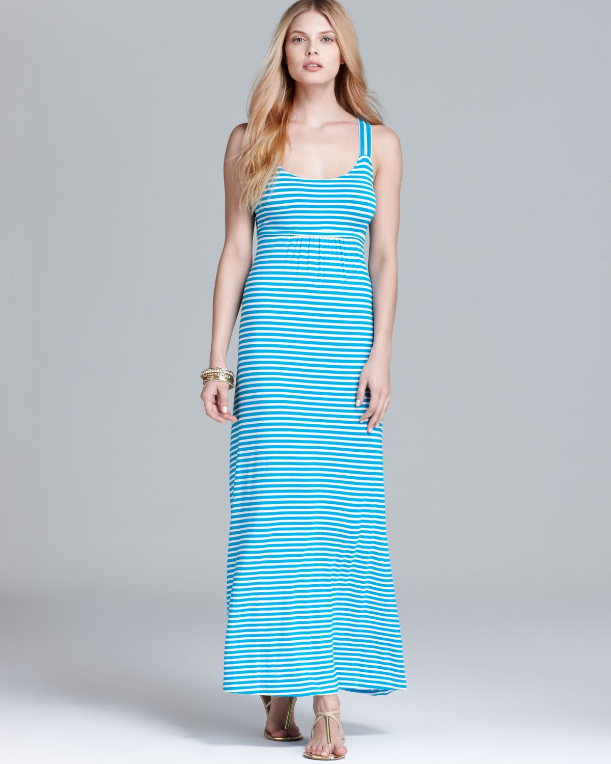 Calvin klein Striped Maxi Dress Cross Back in Blue | Lyst