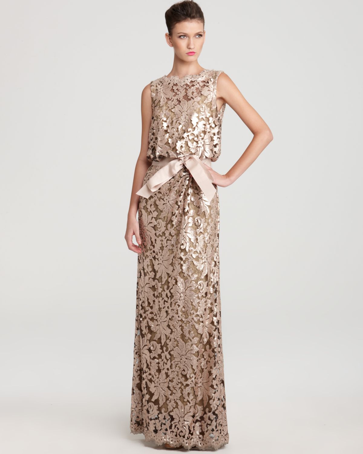 Lyst - Tadashi Shoji Gown - Waist Tie Sequin Lace in Metallic