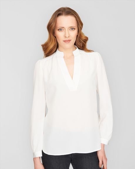 Jaeger V Neck Stand Collar Blouse in White (ivory) | Lyst