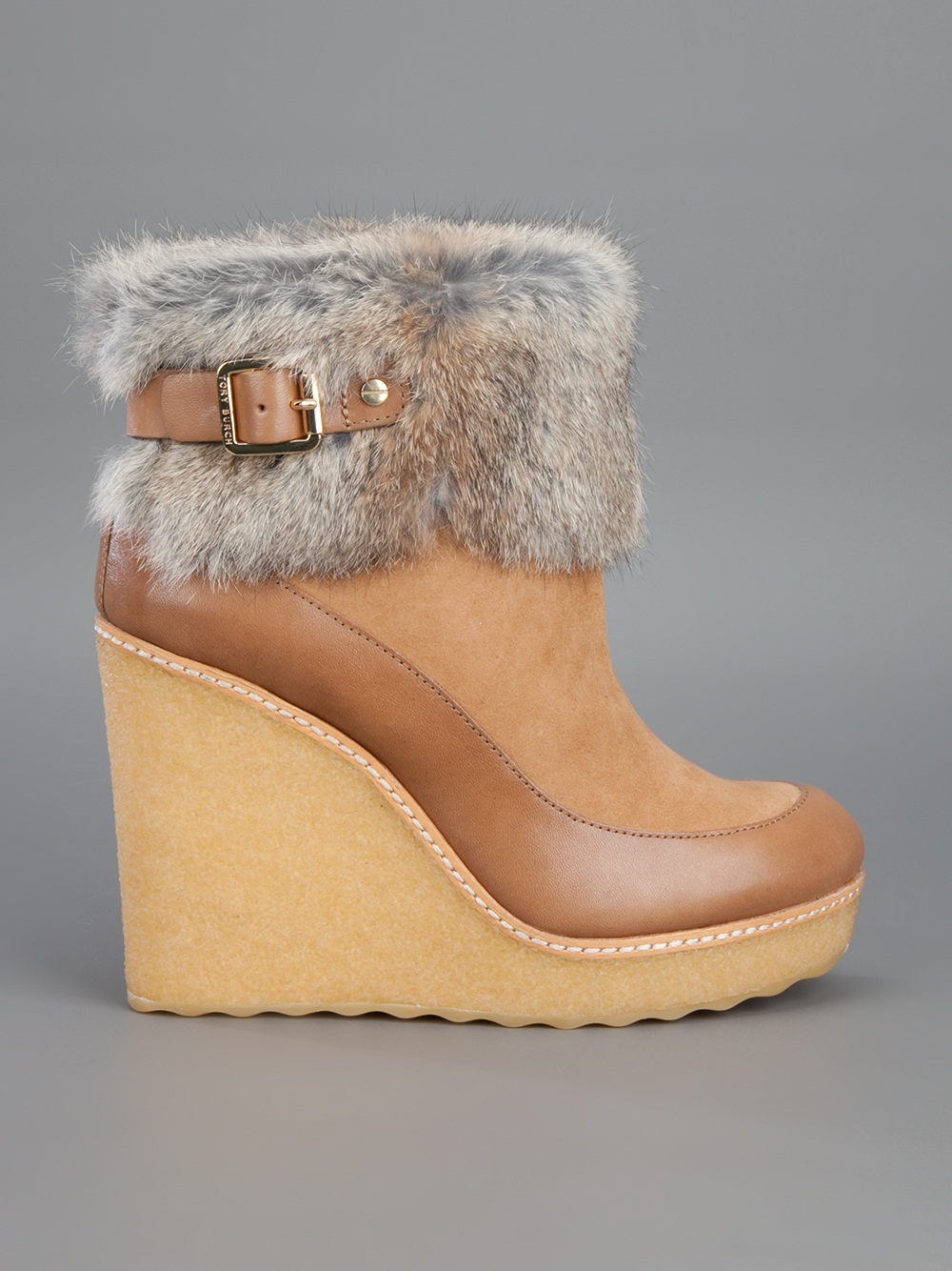 Lyst - Tory burch Fur Trim Wedge Boot in Brown