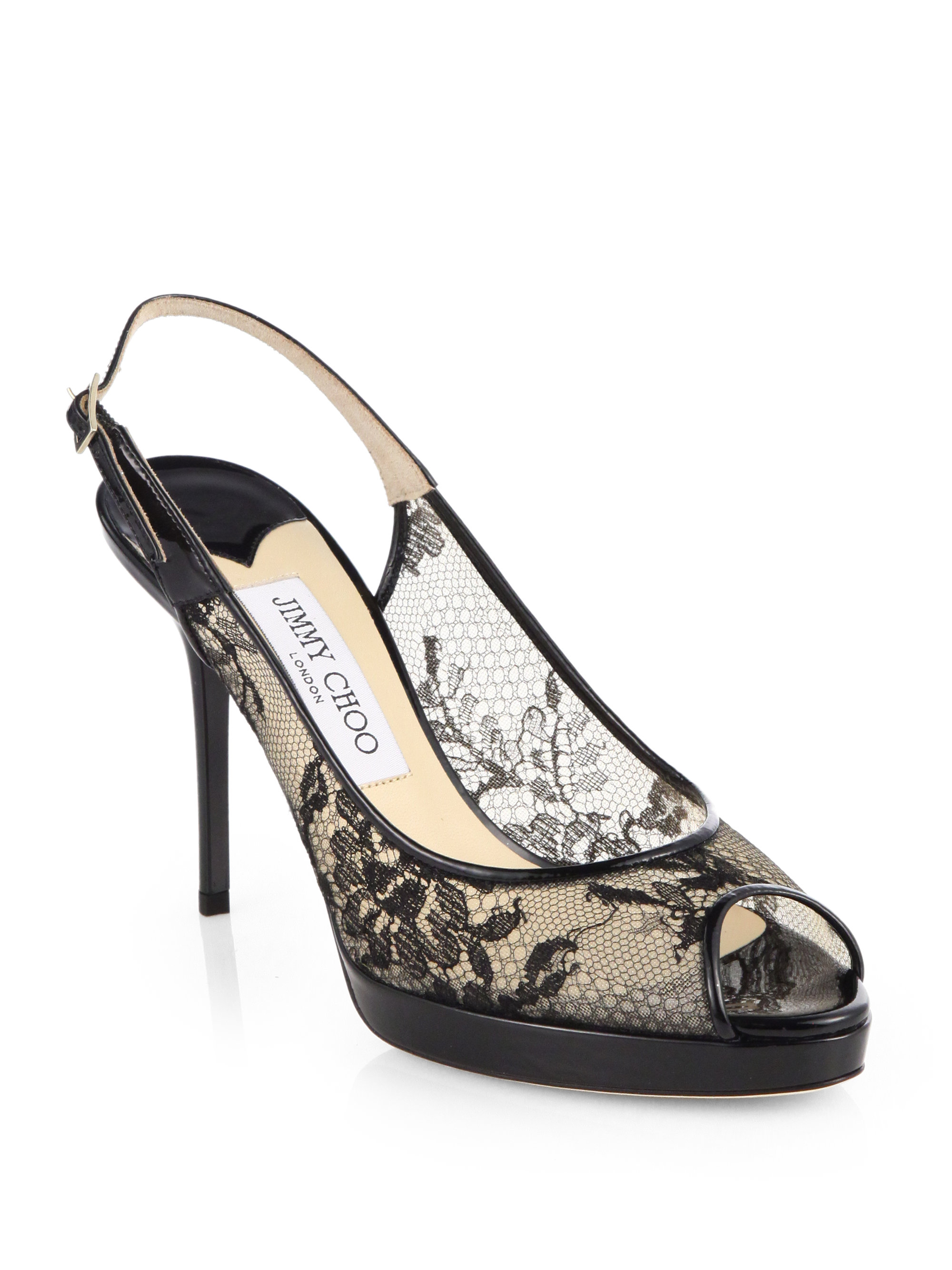 Jimmy choo Nova Lace Patent Leather Slingback Pumps in Black | Lyst