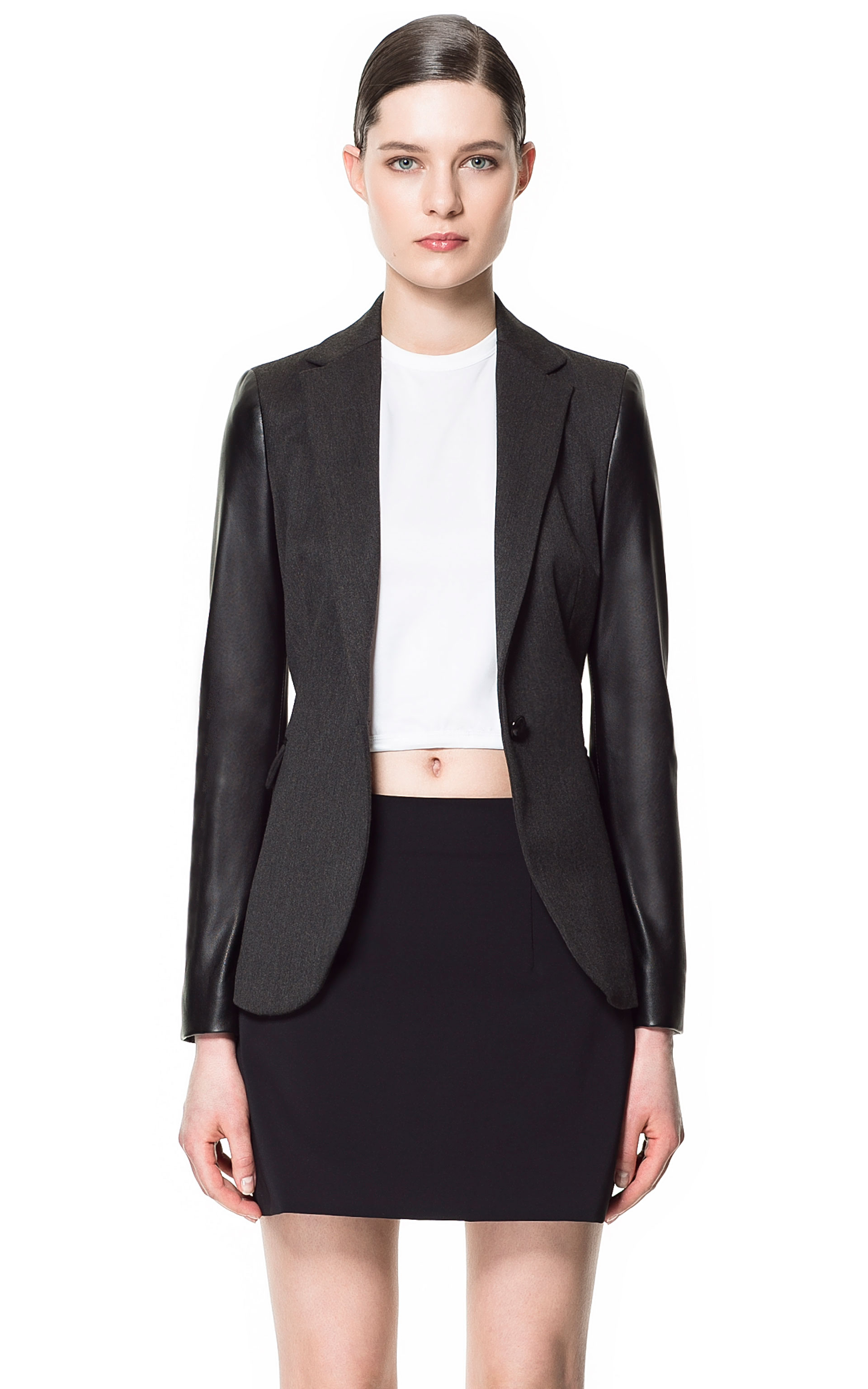 Zara Blazer With Faux Leather Sleeves In Gray Lyst Gallery