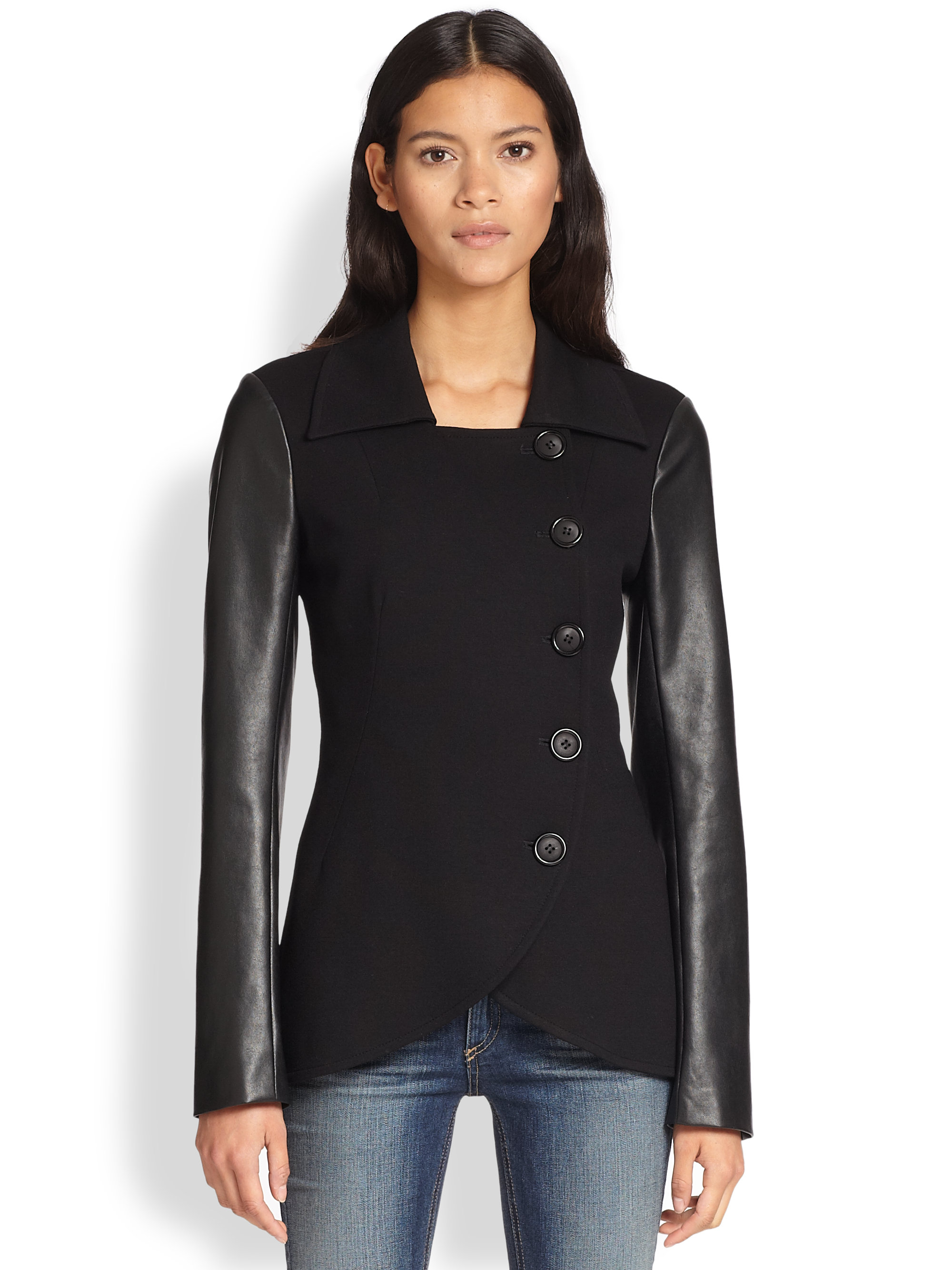 Bailey 44 Faux Leather sleeved Double breasted Stretch Knit Jacket in ...