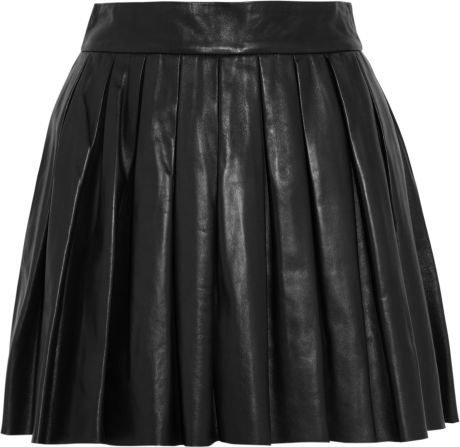 Alice + Olivia Pleated Leather Mini Skirt in Black | Lyst