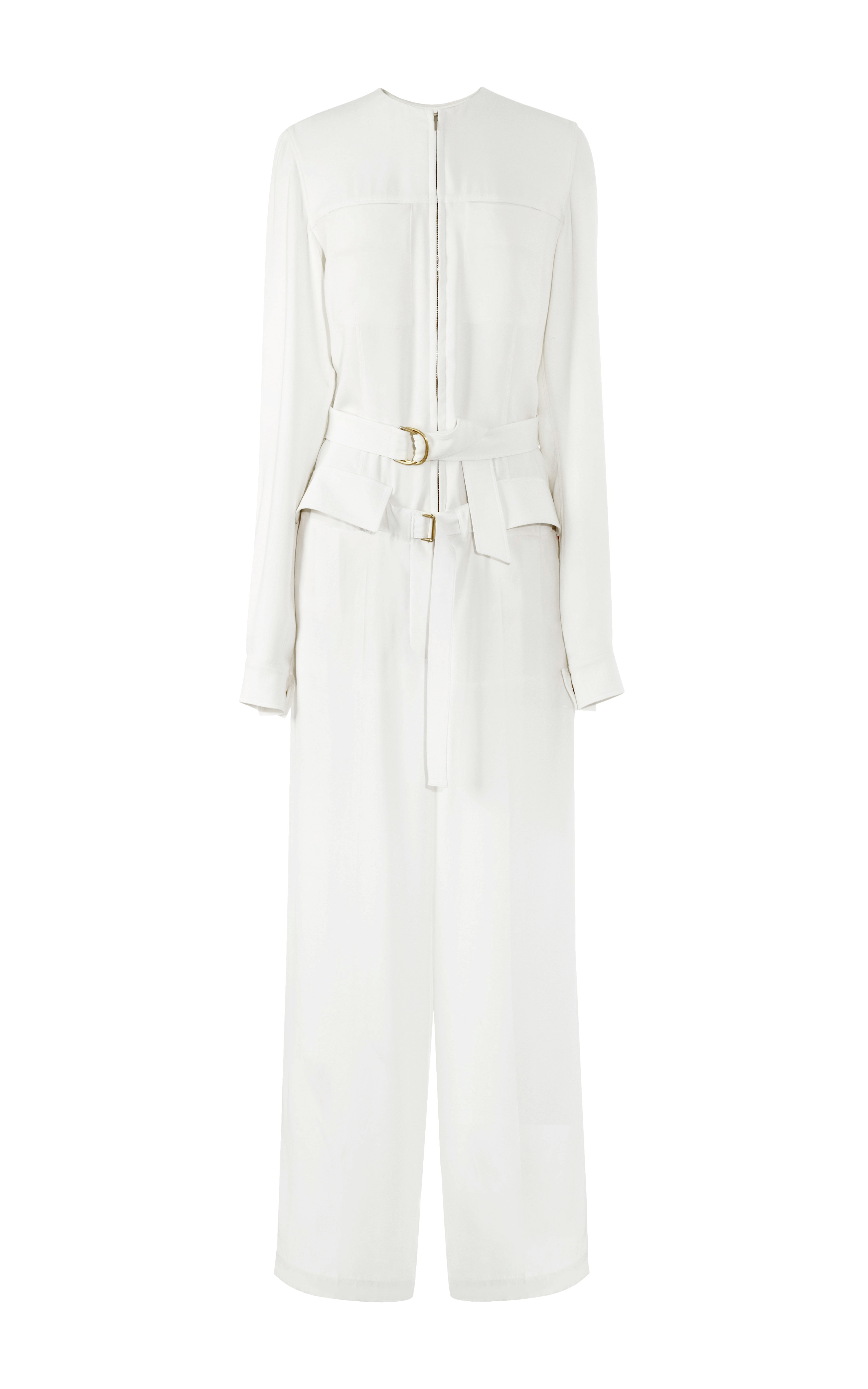 Calvin Klein Ivory Silk Crepe Double Belted Long Sleeve Jumpsuit in ...