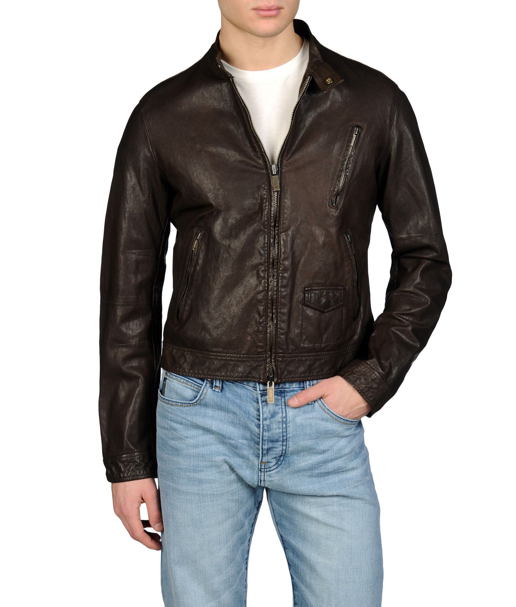 Armani Jeans Fitted Leather Biker Jacket With Diagonal Pockets In Gallery