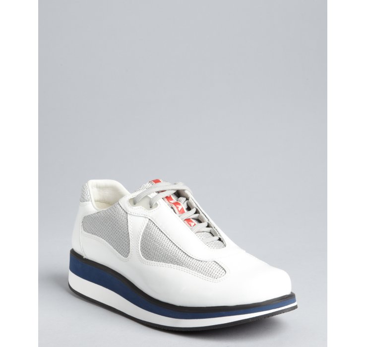 Prada Sport White Patent Leather Mesh Panel Lace Up Sneakers in Beige ...