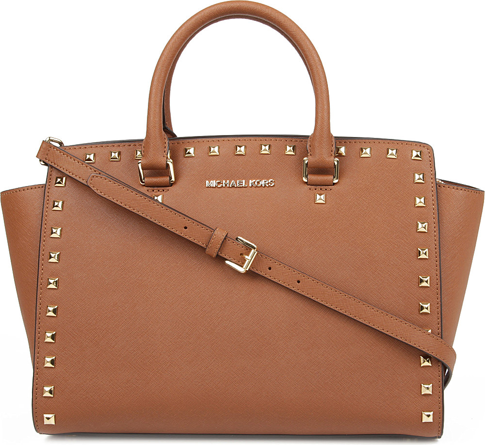 Michael Kors Selma Studded Saffiano Messenger Bag in Brown (Luggage) | Lyst