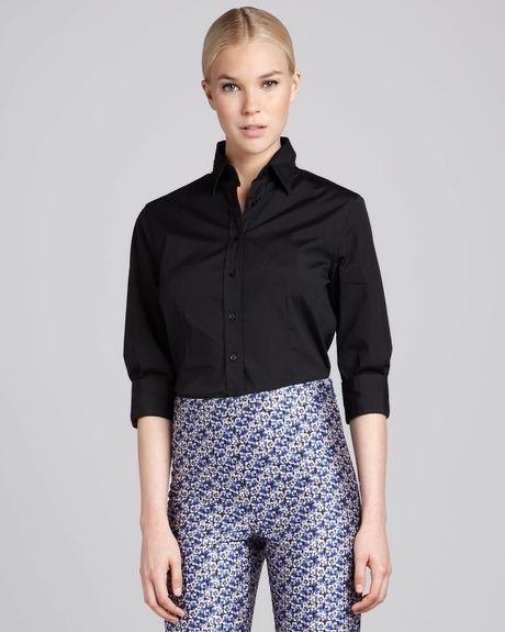 Carolina Herrera Three-Quarter-Sleeve Classic Shirt in Black | Lyst