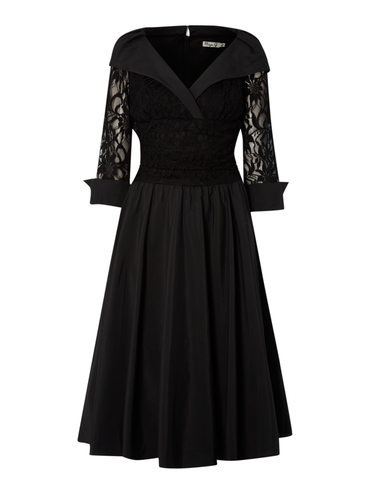 Eliza j Lace Detail 34 Sleeve Ruched Waist Dress in Black | Lyst