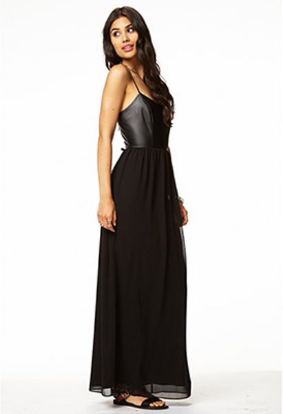 Forever 21 Faux Leather Chiffon Maxi Dress in Black | Lyst