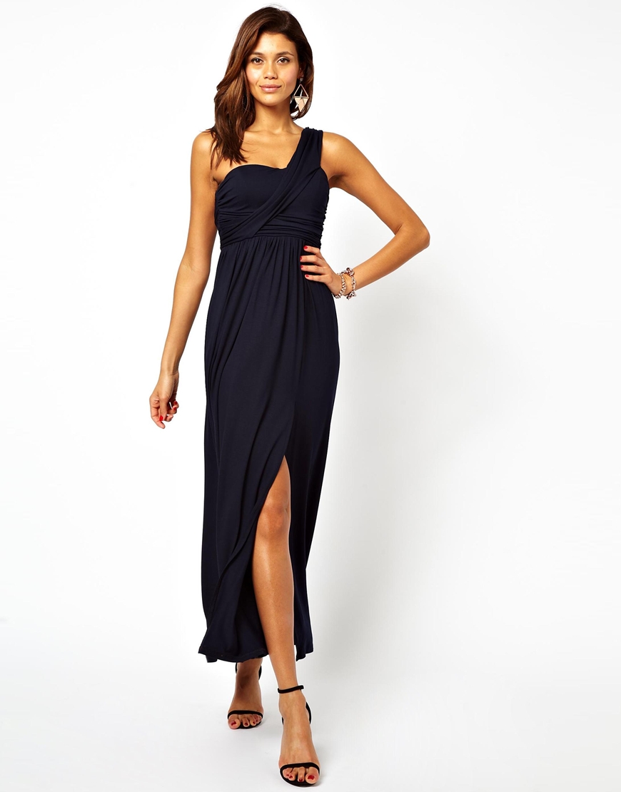 ASOS One  Shoulder  Split Maxi  Dress  in Navy Blue Lyst