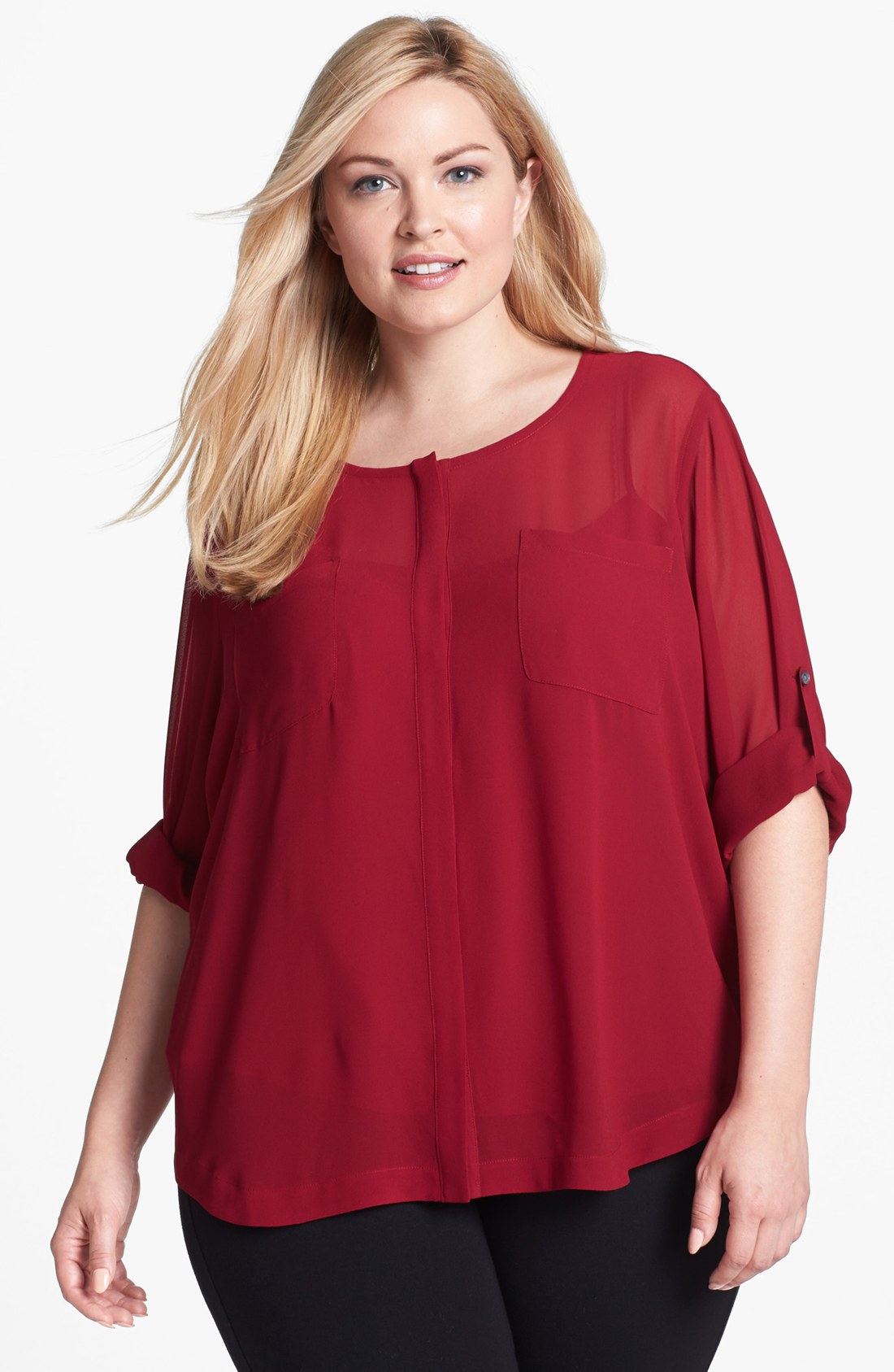 Dkny Roll Sleeve Blouse in Red (Vamp) | Lyst
