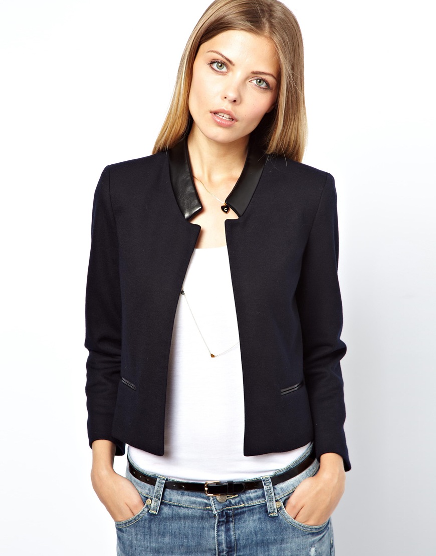 Lyst - Asos Crop Blazer With Pu Collar in Blue