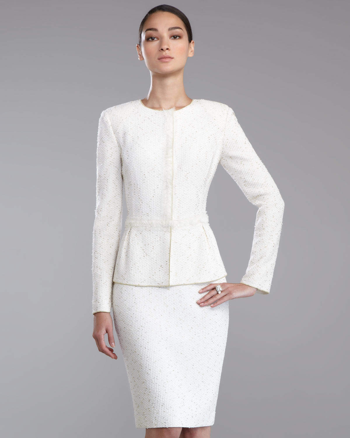 St. john Goldenflecked Tweed Knit Jacket in White | Lyst