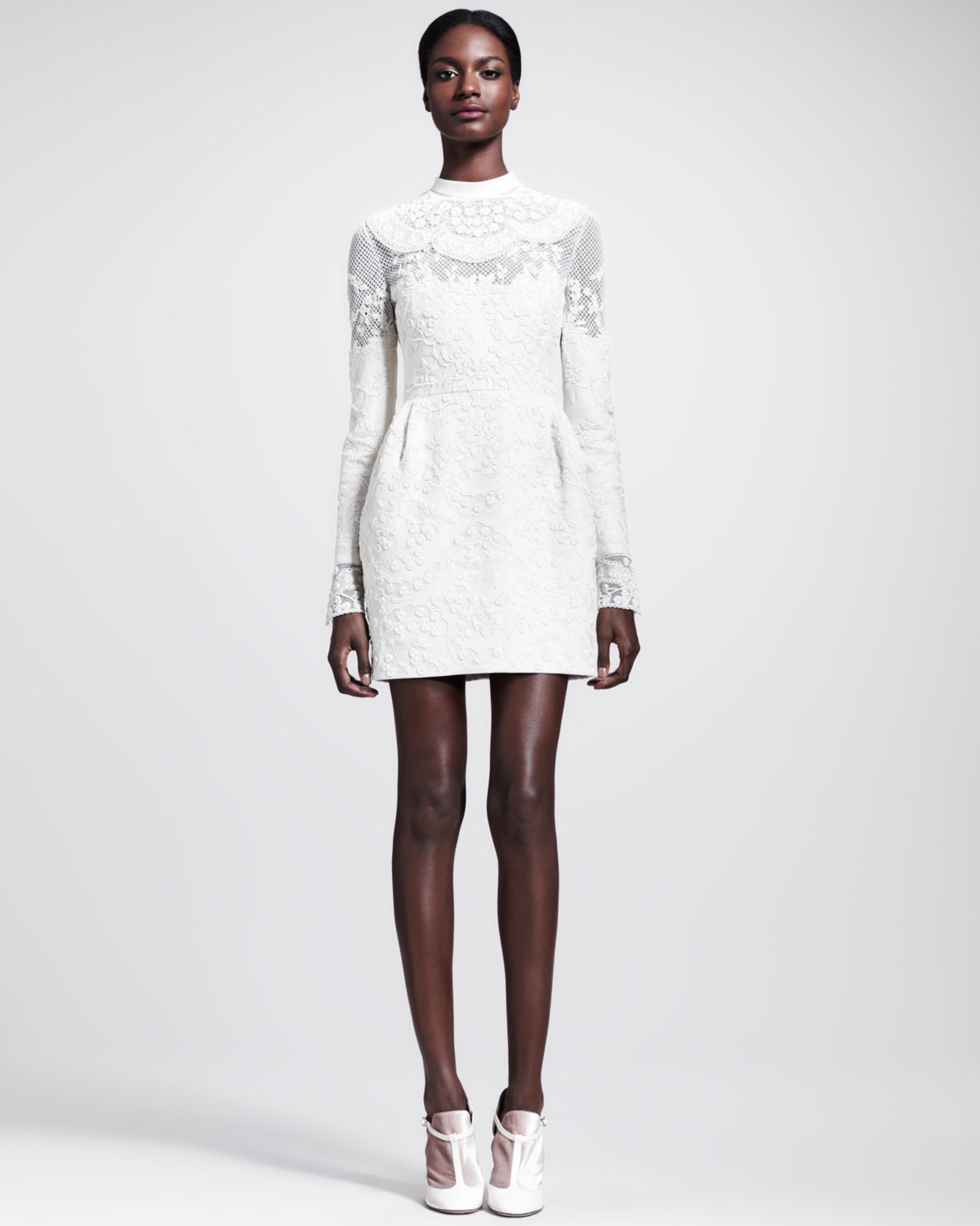 Lyst Valentino Longsleeve Embroidered Wool Dress In White Gallery